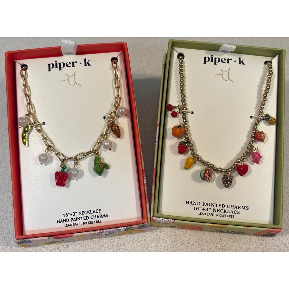 NIB Set Of 2 Piper K Hand Painted Fruit & Vegetable Charms Necklace 16”+ 3” New